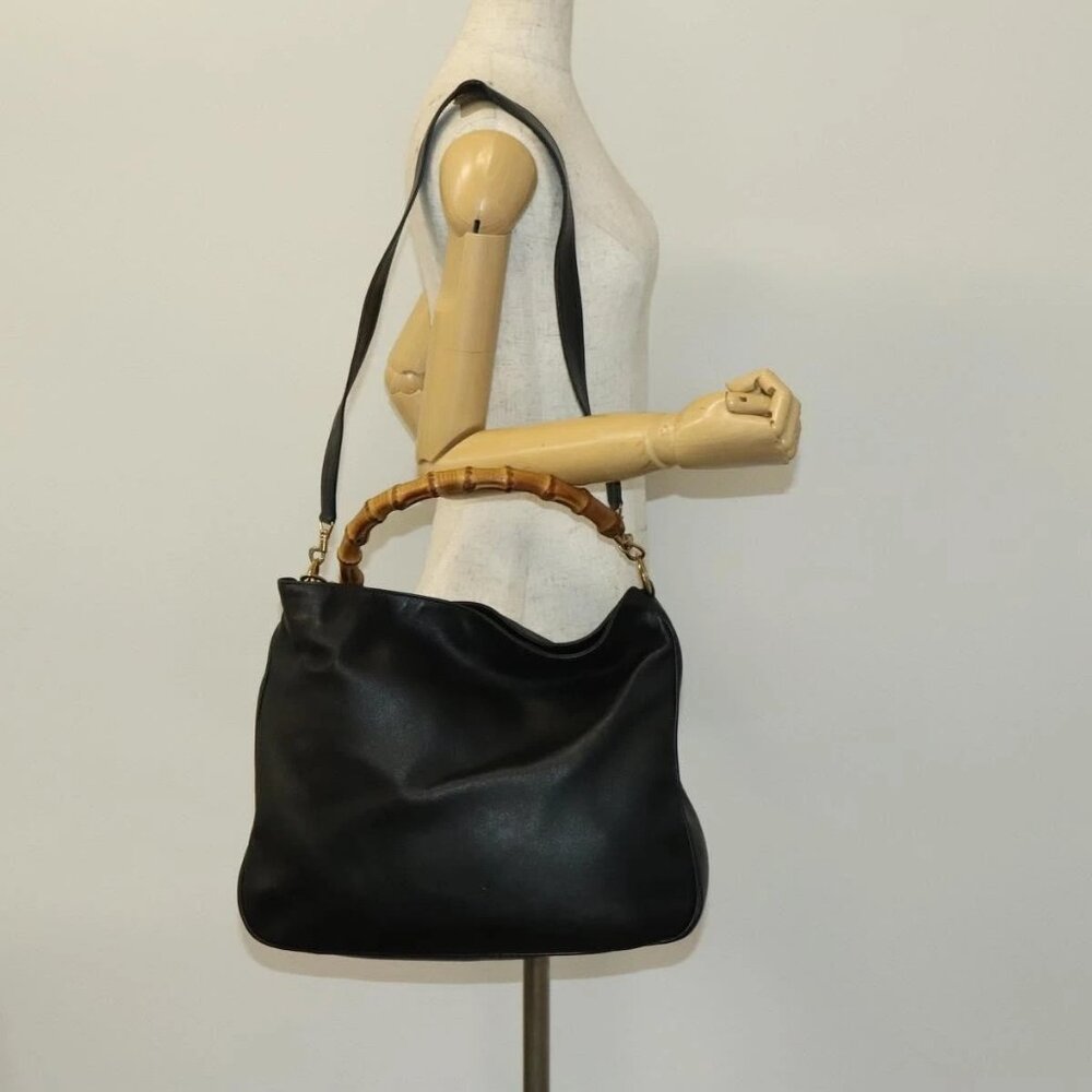 GUCCI Bamboo Shoulder Bag Leather 2way Black Gold 001 1781 1577 Auth 138302 - Picture 3 of 16